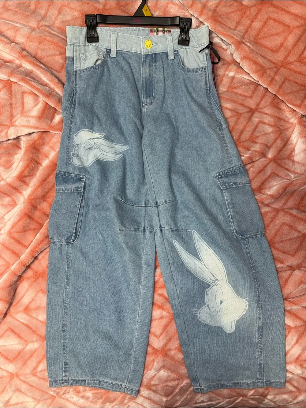 Justice Light Blue Denim Cargo Jeans with White Bugs Bunny Graphics